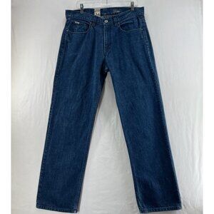 Volcom Stone Boardwear Jeans Sz 34 Black Zip Relaxed Fit Straight Leg Denim Blue